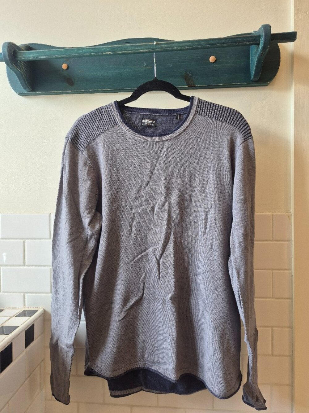 BUFFALO David Bitton Grey Crew Neck Sweater Men's Large Elbow Patch Cotton Knit